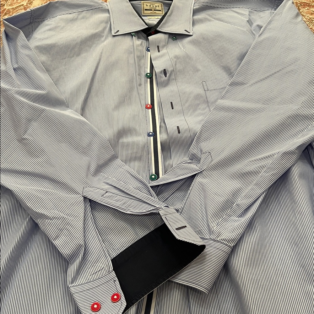 Haupt Men's Blue Striped Shirt with multi colored buttons size 45/46 18 regular